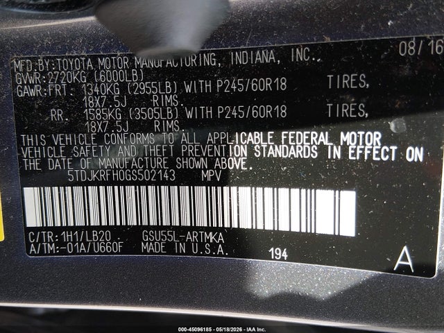 5TDJKRFH0GS502143 Toyota Highlander Xle V6