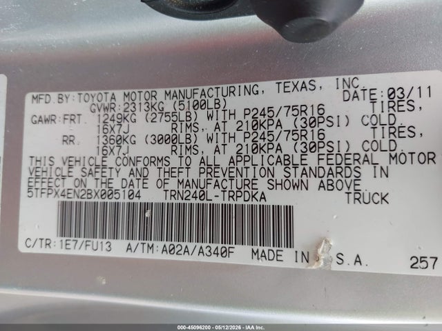 2011 Toyota Tacoma მანქანა იყიდება აუქციონზე, vin: 5TFPX4EN2BX005104, აუქციონის ნომერი: 45096200