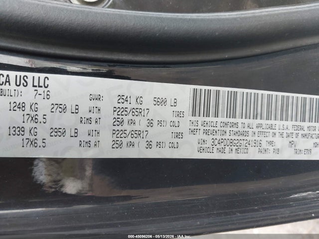 Продаж на аукціоні авто 2016 Dodge Journey Sxt, vin: 3C4PDDBG2GT241916, номер лоту: 45096206