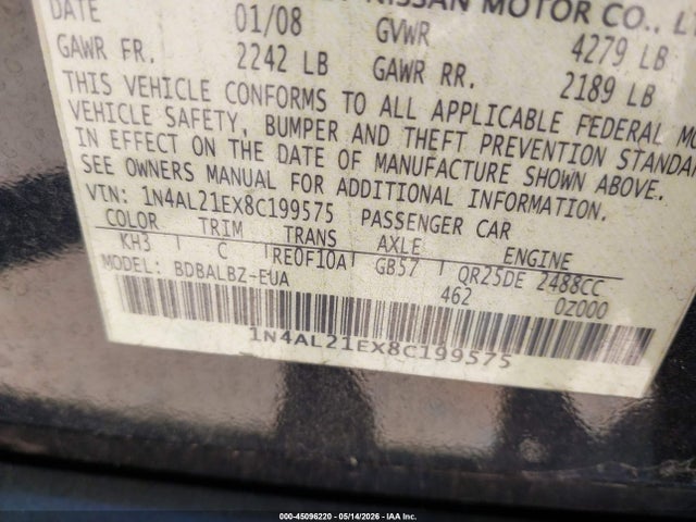 Aukcja sprzedaży 2008 Nissan Altima 2.5 S, vin: 1N4AL21EX8C199575, numer aukcji: 45096220