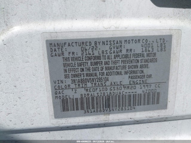 Продаж на аукціоні авто 2022 Nissan Sentra Sr Xtronic Cvt, vin: 3N1AB8DV5NY285104, номер лоту: 45096223