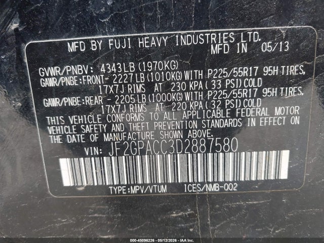 2013 Subaru Xv Crosstrek 2.0i Premium მანქანა იყიდება აუქციონზე, vin: JF2GPACC3D2887580, აუქციონის ნომერი: 45096226