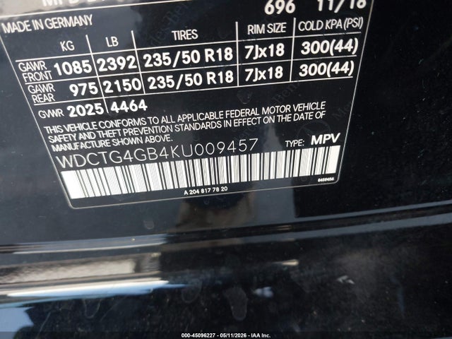 2019 Mercedes-benz Gla 250 4matic მანქანა იყიდება აუქციონზე, vin: WDCTG4GB4KU009457, აუქციონის ნომერი: 45096227