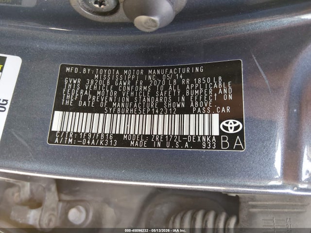 Aukcja sprzedaży 2014 Toyota Corolla Le, vin: 5YFBURHE5EP142312, numer aukcji: 45096232