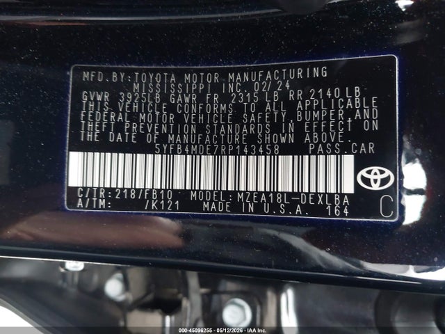 45096255 :رقم المزاد ، 5YFB4MDE7RP143458 vin ، 2024 Toyota Corolla Le مزاد بيع