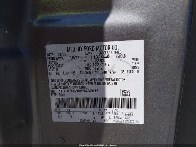 45096260 :رقم المزاد ، 1FTRF14W06NA32615 vin ، 2006 Ford F-150 Stx/xl/xlt مزاد بيع