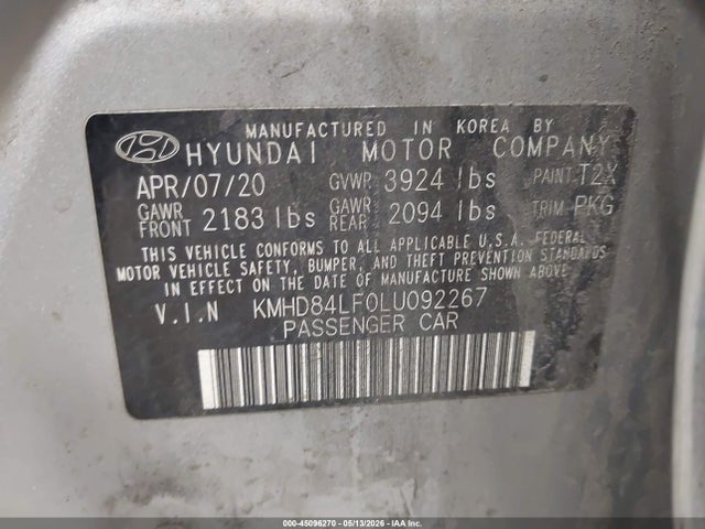 Продажа на аукционе авто 2020 Hyundai Elantra Sel, vin: KMHD84LF0LU092267, номер лота: 45096270