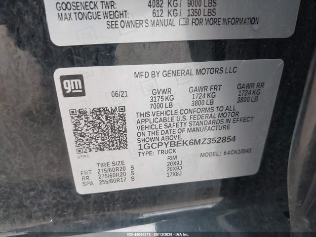 45096275 :رقم المزاد ، 1GCPYBEK6MZ352854 vin ، 2021 Chevrolet Silverado 1500 4wd  Short Bed Custom مزاد بيع