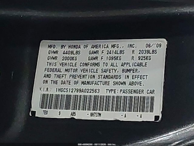 45096280 :رقم المزاد ، 1HGCS12799A022563 vin ، 2009 Honda Accord 2.4 Ex مزاد بيع