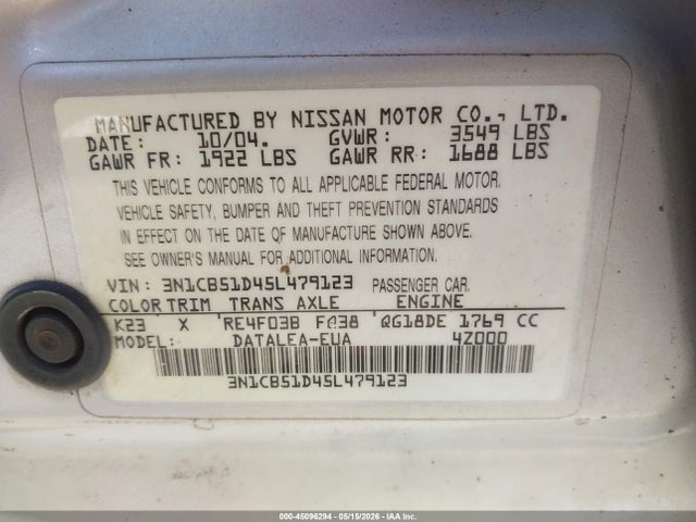 45096294 :رقم المزاد ، 3N1CB51D45L479123 vin ، 2005 Nissan Sentra 1.8s مزاد بيع
