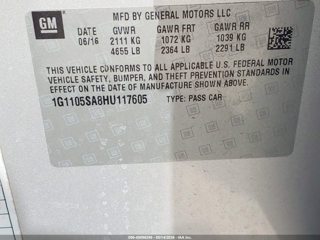 Aukcja sprzedaży 2017 Chevrolet Impala 1lt, vin: 1G1105SA8HU117605, numer aukcji: 45096298