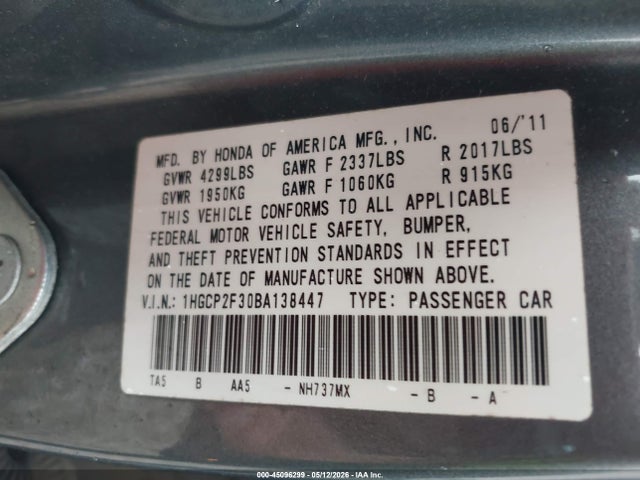 Aukcja sprzedaży 2011 Honda Accord 2.4 Lx, vin: 1HGCP2F30BA138447, numer aukcji: 45096299