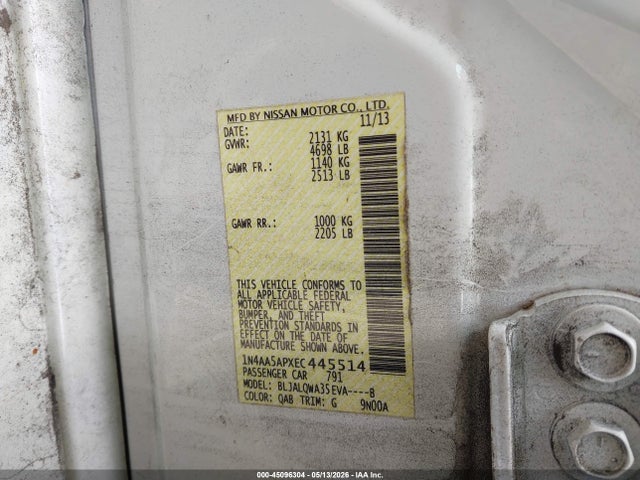 2014 Nissan Maxima 3.5 S მანქანა იყიდება აუქციონზე, vin: 1N4AA5APXEC445514, აუქციონის ნომერი: 45096304