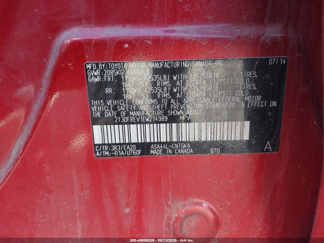 Toyota Rav4 Limited 2014 2T3DFREV1EW214989 Image 9