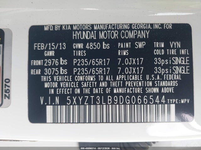 2013 Hyundai Santa Fe Sport მანქანა იყიდება აუქციონზე, vin: 5XYZT3LB9DG066544, აუქციონის ნომერი: 45096314