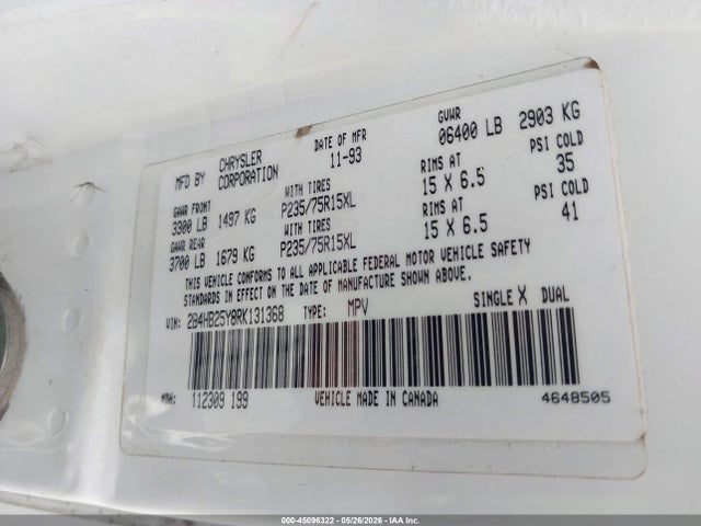 45096322 :رقم المزاد ، 2B4HB25Y8RK131368 vin ، 1994 Dodge Ram Wagon B250 مزاد بيع