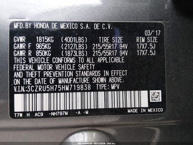 Aukcja sprzedaży 2017 Honda Hr-v Ex-l, vin: 3CZRU5H75HM719838, numer aukcji: 45096326