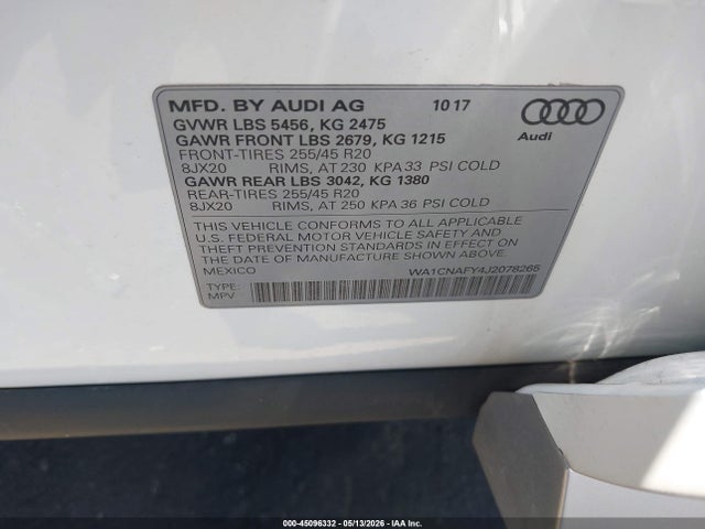 2018 Audi Q5 2.0t Premium/2.0t Tech Premium მანქანა იყიდება აუქციონზე, vin: WA1CNAFY4J2078265, აუქციონის ნომერი: 45096332