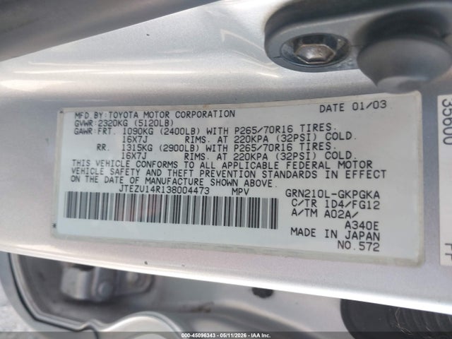 45096343 :رقم المزاد ، JTEZU14R138004473 vin ، 2003 Toyota 4runner Sr5 V6 مزاد بيع