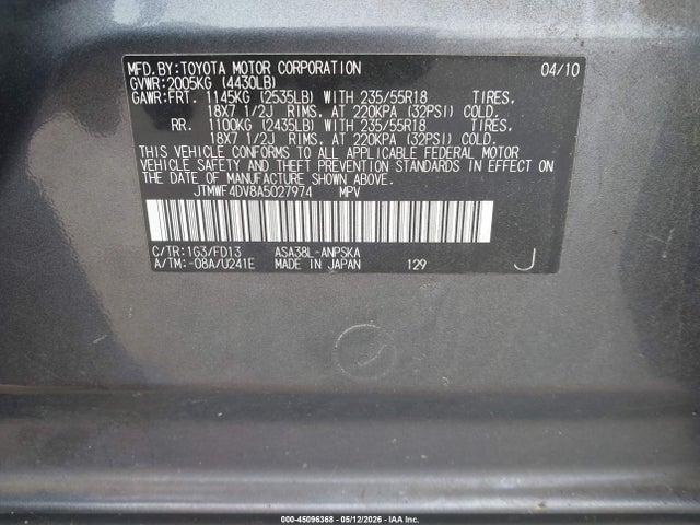 Aukcja sprzedaży 2010 Toyota Rav4 Sport, vin: JTMWF4DV8A5027974, numer aukcji: 45096368