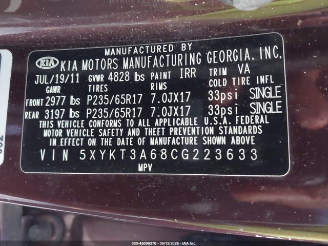 Продажа на аукционе авто 2012 Kia Sorento Lx, vin: 5XYKT3A68CG223633, номер лота: 45096370