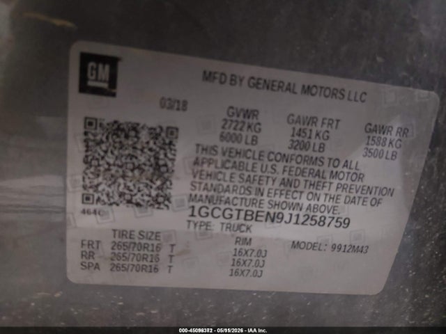 Aukcja sprzedaży 2018 Chevrolet Colorado Wt, vin: 1GCGTBEN9J1258759, numer aukcji: 45096372