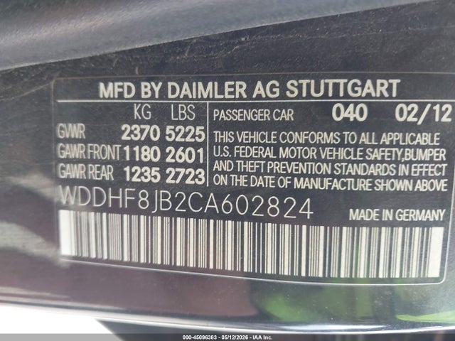 45096383 :رقم المزاد ، WDDHF8JB2CA602824 vin ، 2012 Mercedes-benz E 350 4matic مزاد بيع
