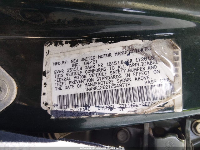 Auction sale of the 2001 Toyota Corolla Le, vin: 1NXBR12E21Z549718, lot number: 45096389