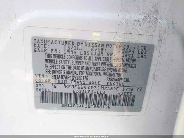 Aukcja sprzedaży 2016 Nissan Sentra Fe+ S/s/sl/sr/sv, vin: 3N1AB7AP1GY280176, numer aukcji: 45096394