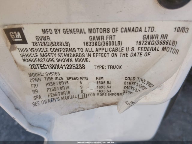 Aukcja sprzedaży 2004 Gmc Sierra 1500 Sle, vin: 2GTEC19VX41205238, numer aukcji: 45096399