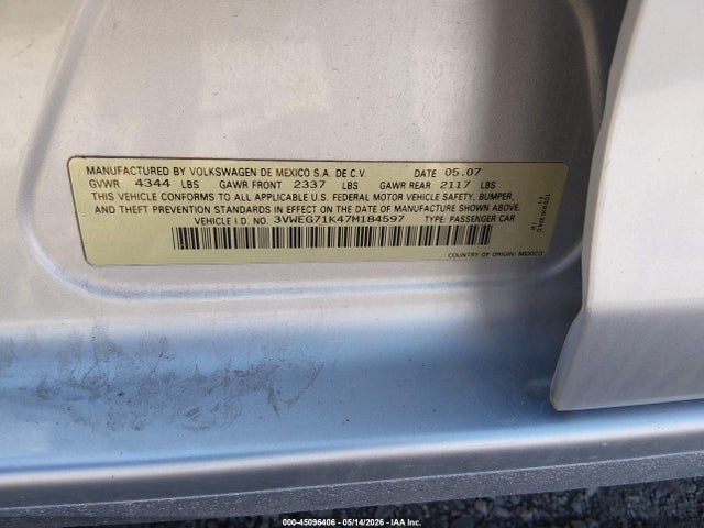 45096406 :رقم المزاد ، 3VWEG71K47M184597 vin ، 2007 Volkswagen Jetta Wolfsburg Edition مزاد بيع