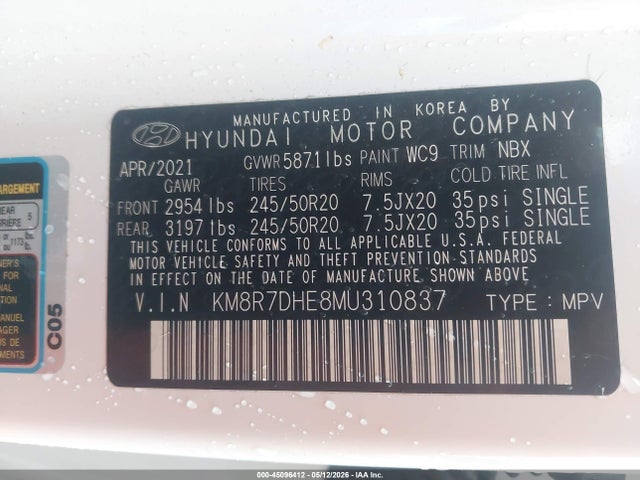 Aukcja sprzedaży 2021 Hyundai Palisade Calligraphy, vin: KM8R7DHE8MU310837, numer aukcji: 45096412