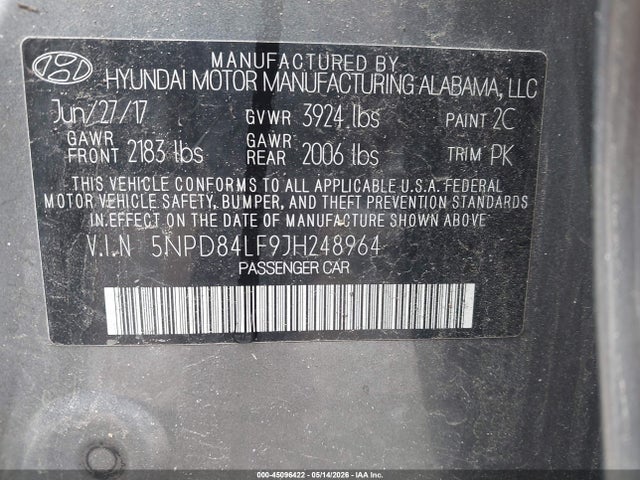Aukcja sprzedaży 2018 Hyundai Elantra Sel, vin: 5NPD84LF9JH248964, numer aukcji: 45096422