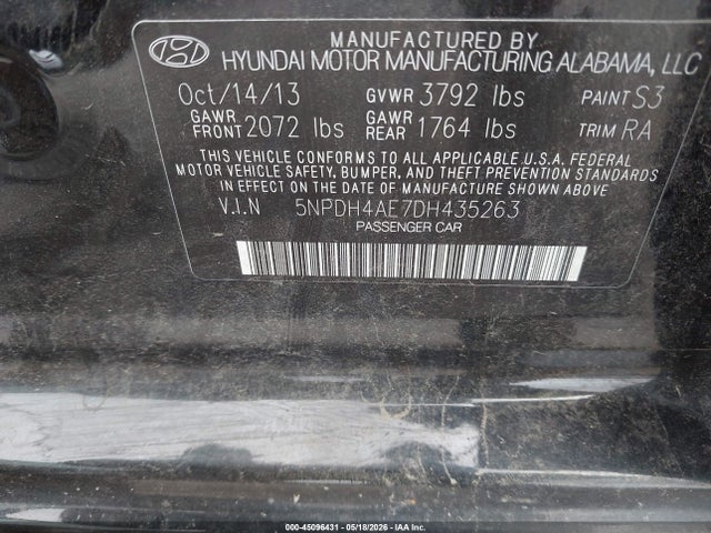 Продаж на аукціоні авто 2013 Hyundai Elantra Limited, vin: 5NPDH4AE7DH435263, номер лоту: 45096431