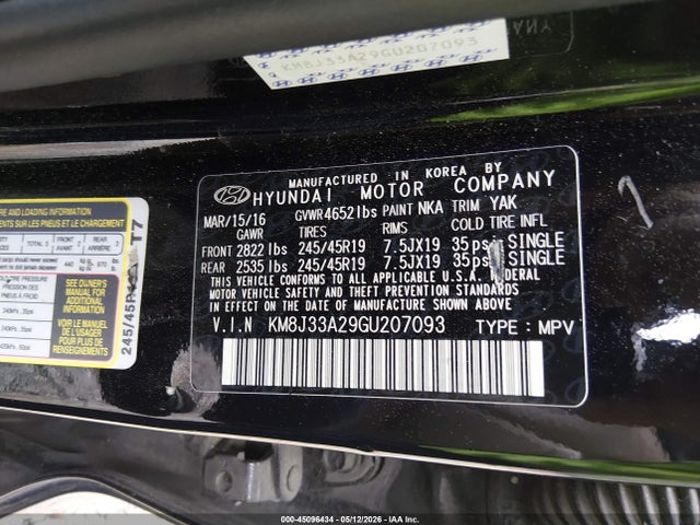 Продажа на аукционе авто 2016 Hyundai Tucson Limited, vin: KM8J33A29GU207093, номер лота: 45096434