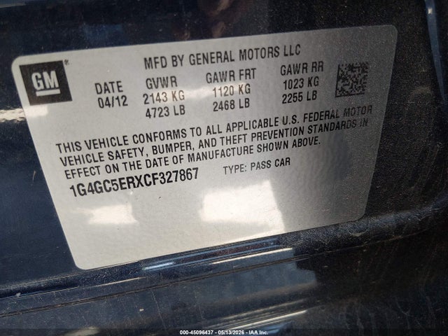45096437 :رقم المزاد ، 1G4GC5ERXCF327867 vin ، 2012 Buick Lacrosse Leather Group مزاد بيع