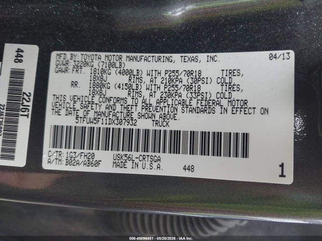Продажа на аукционе авто 2013 Toyota Tundra Grade 5.7l V8, vin: 5TFUW5F11DX307932, номер лота: 45096451