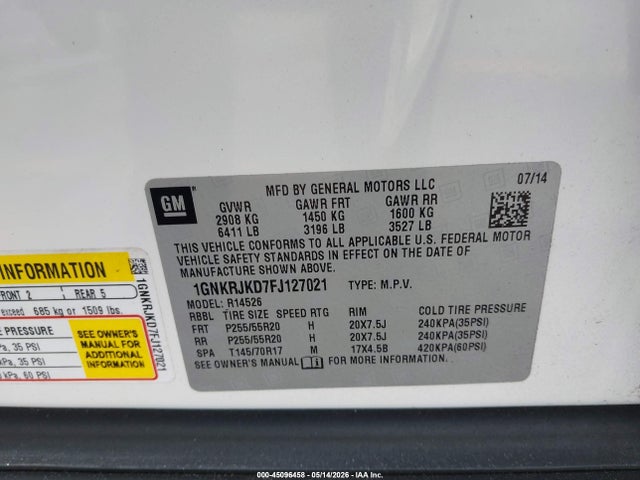 2015 Chevrolet Traverse Ltz მანქანა იყიდება აუქციონზე, vin: 1GNKRJKD7FJ127021, აუქციონის ნომერი: 45096458