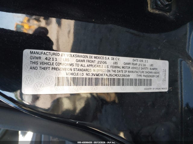 Продажа на аукционе авто 2012 Volkswagen Jetta 2.5l Se, vin: 3VWDX7AJ5CM322838, номер лота: 45096459