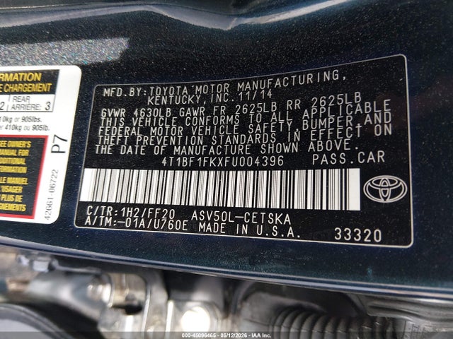 Aukcja sprzedaży 2015 Toyota Camry Se, vin: 4T1BF1FKXFU004396, numer aukcji: 45096465