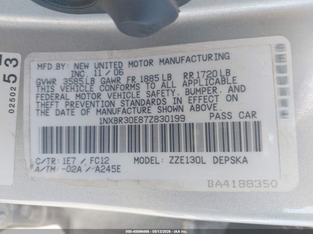 2007 Toyota Corolla S მანქანა იყიდება აუქციონზე, vin: 1NXBR30E87Z830199, აუქციონის ნომერი: 45096466