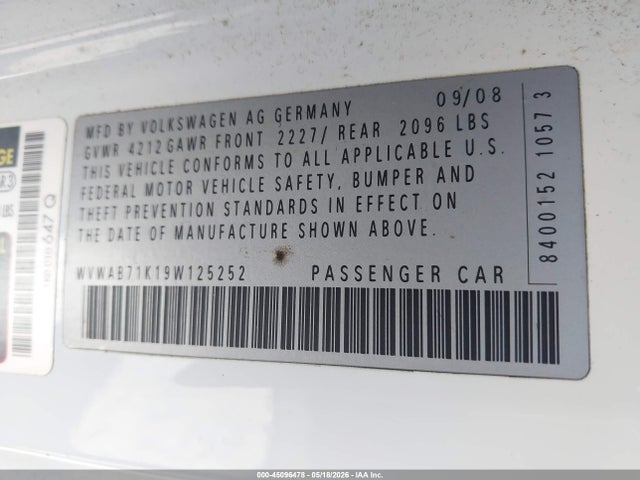 Aukcja sprzedaży 2009 Volkswagen Rabbit S, vin: WVWAB71K19W125252, numer aukcji: 45096478