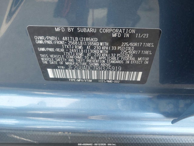 Aukcja sprzedaży 2024 Subaru Crosstrek Premium, vin: JF2GUADC7RH325919, numer aukcji: 45096482