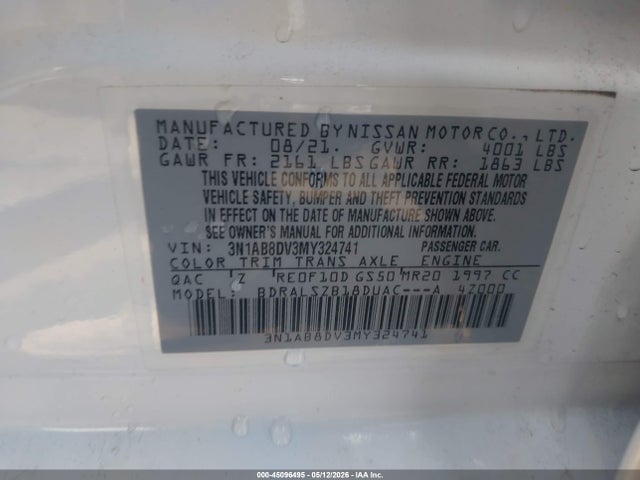 2021 Nissan Sentra Sr Xtronic Cvt მანქანა იყიდება აუქციონზე, vin: 3N1AB8DV3MY324741, აუქციონის ნომერი: 45096495