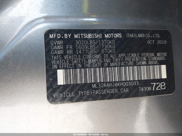 Aukcja sprzedaży 2019 Mitsubishi Mirage Se, vin: ML32A4HJ4KH003033, numer aukcji: 45096496