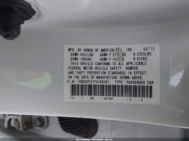 2015 Honda Accord Sport მანქანა იყიდება აუქციონზე, vin: 1HGCR2F51FA168381, აუქციონის ნომერი: 45096504