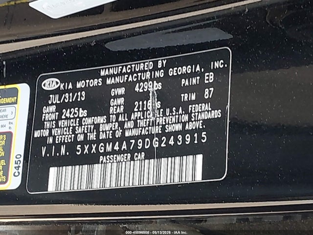 45096508 :رقم المزاد ، 5XXGM4A79DG243915 vin ، 2013 Kia Optima Lx مزاد بيع