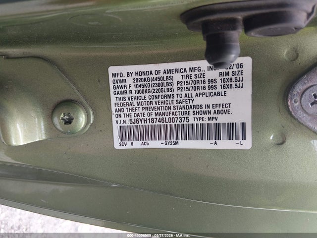 45096509 :رقم المزاد ، 5J6YH18746L007375 vin ، 2006 Honda Element Ex-p مزاد بيع