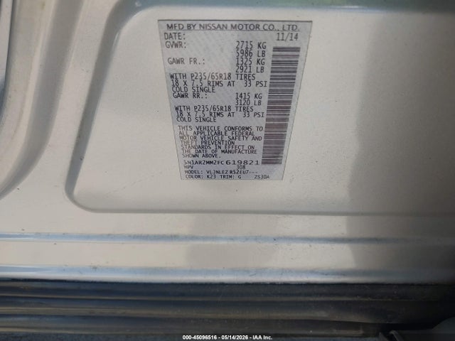 Aukcja sprzedaży 2015 Nissan Pathfinder Platinum/s/sl/sv, vin: 5N1AR2MM2FC619821, numer aukcji: 45096516