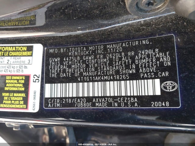 Продаж на аукціоні авто 2021 Toyota Camry Se, vin: 4T1G11AK4MU418265, номер лоту: 45096524